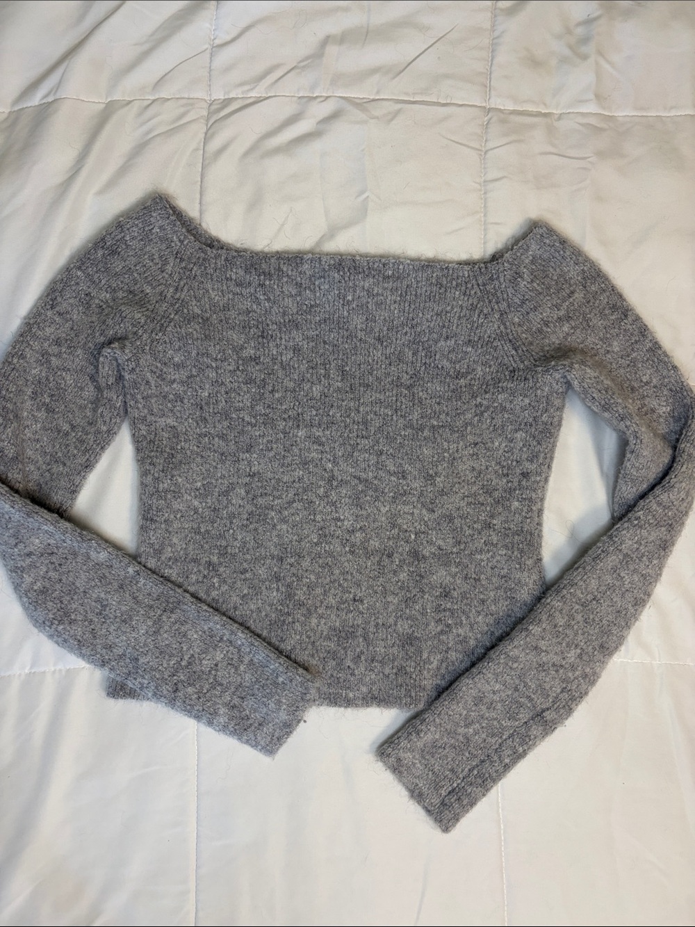 Grey Plush Off The Shoulder Crop Sweater